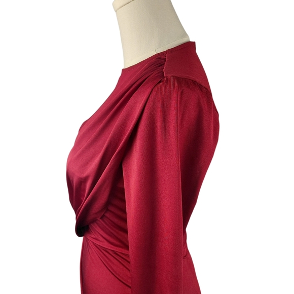 Privy Burgundy Mesh Panel Draped Bodycon Mini Dress S Sheer Sexy Red Long Sleeve - Picture 3 of 12